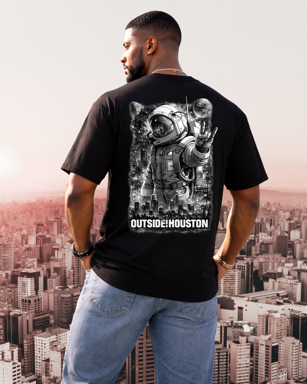 "AstroCityNaut" Flagship-Outside!Houston Heavyweight Tee (BLACK AND WHITE)