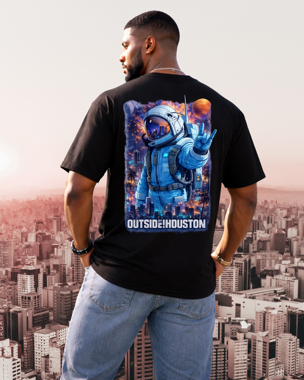 "AstroCityNaut" Flagship-Outside!Houston Heavyweight Tee (BLACK AND CAROLINA BLUE)