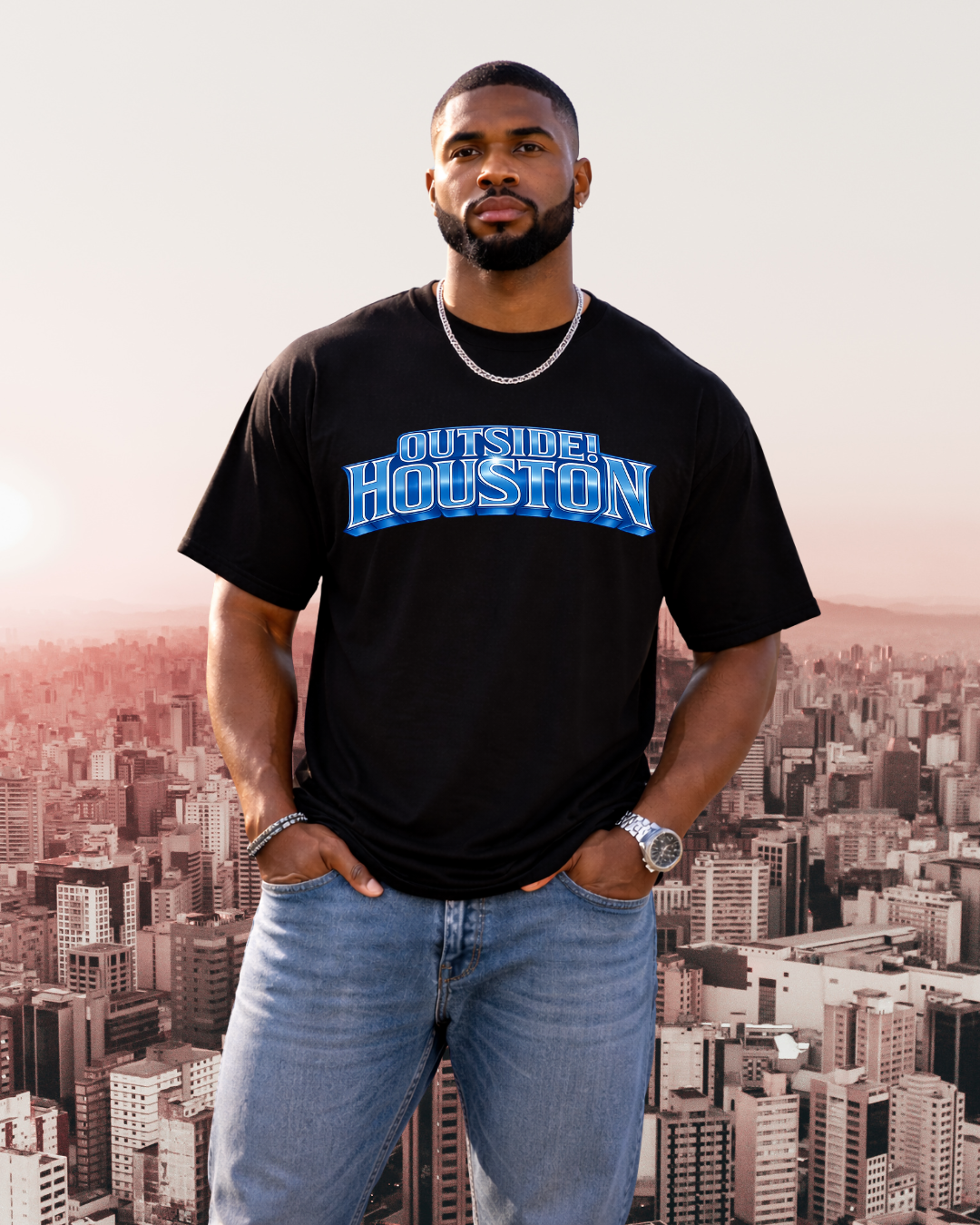 "AstroCityNaut" Flagship-Outside!Houston Heavyweight Tee (BLACK AND CAROLINA BLUE)
