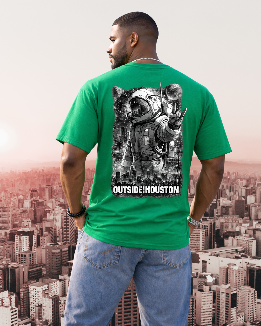 "AstroCityNaut" Flagship-Outside!Houston Heavyweight Tee (KELLY GREEN AND BLACK)