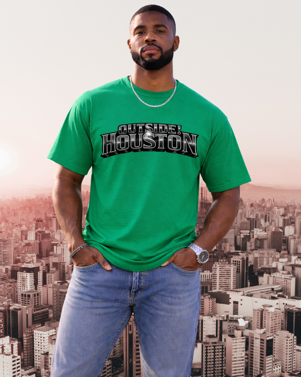 "AstroCityNaut" Flagship-Outside!Houston Heavyweight Tee (KELLY GREEN AND BLACK)