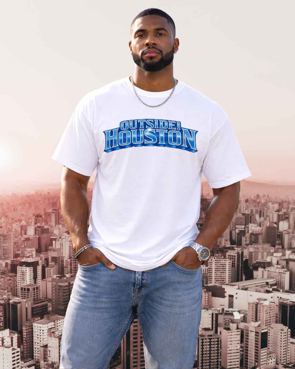 "AstroCityNaut" Flagship-Outside!Houston Heavyweight Tee (WHITE AND CAROLINA BLUE)