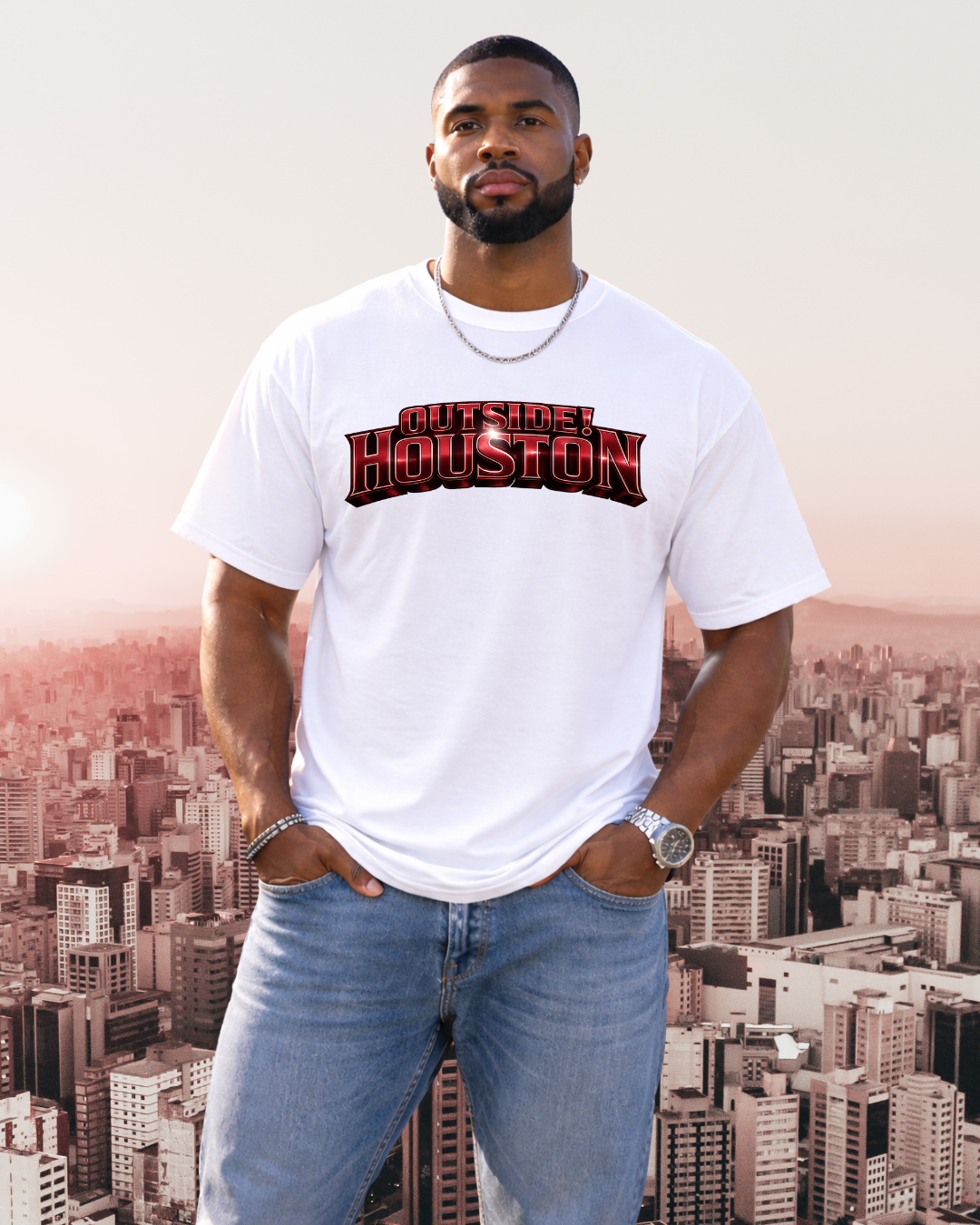 "AstroCityNaut" Flagship-Outside!Houston Heavyweight Tee (WHITE AND RED)
