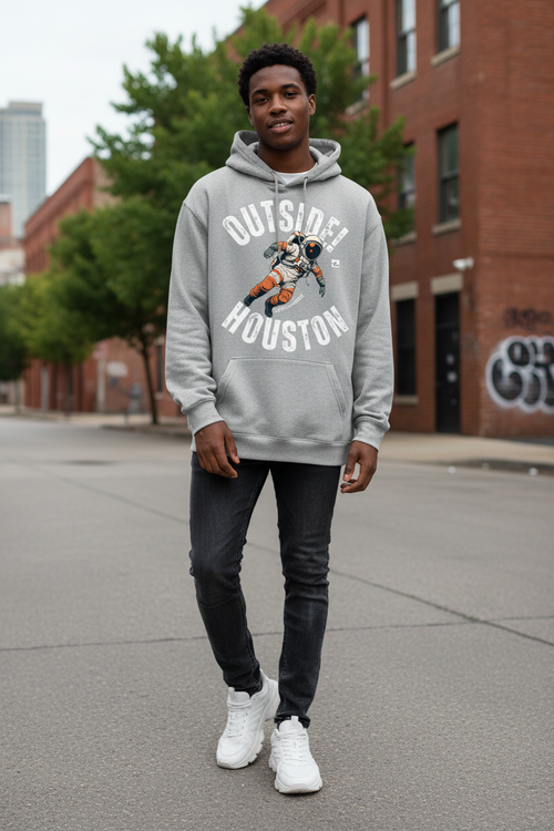 Full body shot in heather gray hoodie