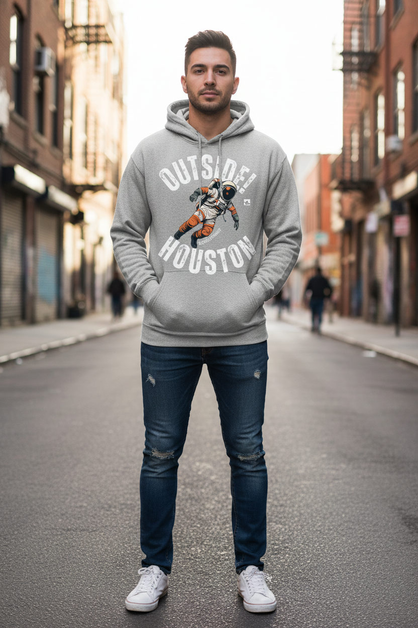 Model in heather gray hoodie front view