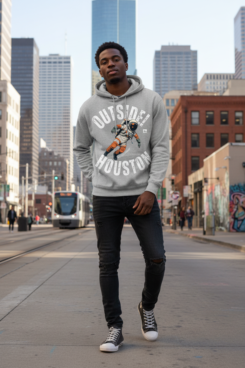 Model in heather gray hoodie urban pose