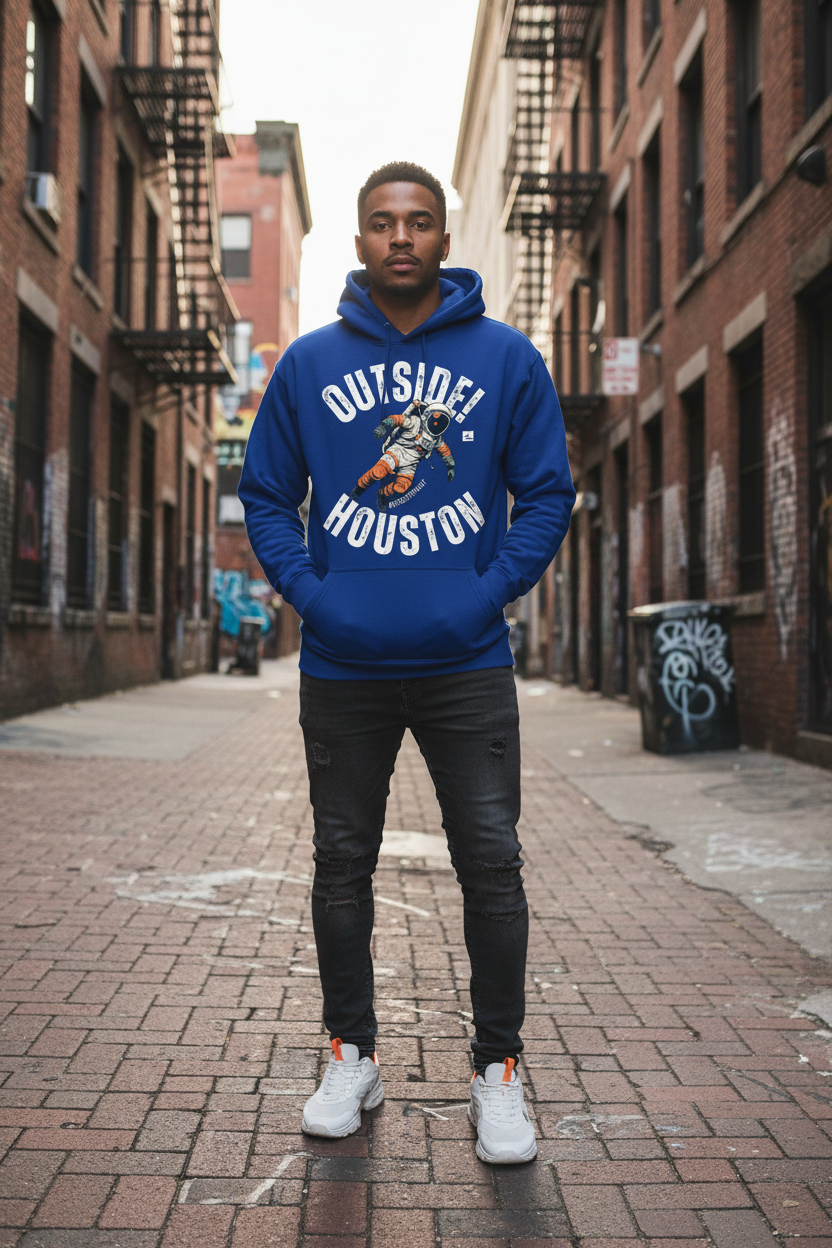 Model in royal blue hoodie